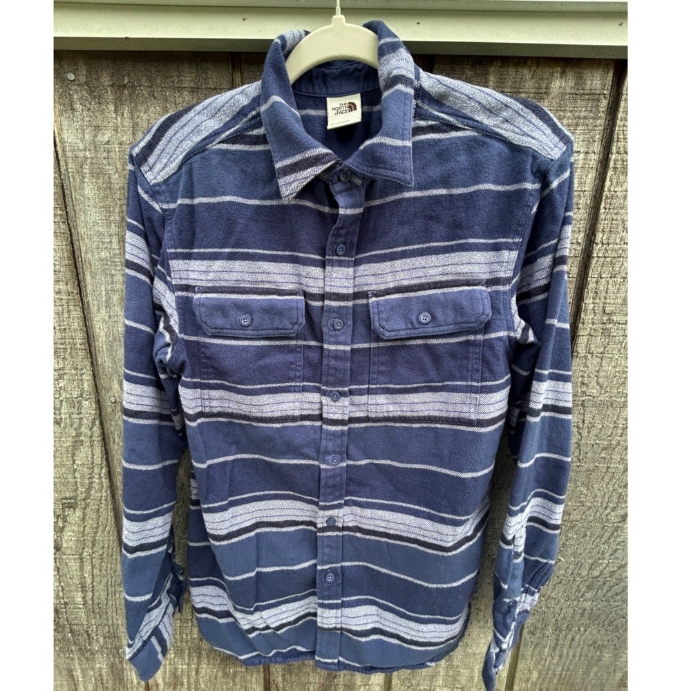 The North Face Mens Small Blue Striped Flannel Button Down Gorpcore Granola Camp